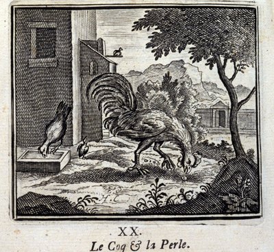 الديك واللؤلؤ. أساطير جان دي لافونتين (1621-95). رسم توضيحي لفرانسوا تشوفو (1613-1676). طبعة 1728. بواسطة فرانسوا شوفو