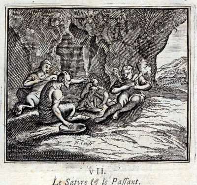 الساتير والراكب. أساطير جان دي لافونتين (1621-95). رسم توضيحي لفرانسوا تشوفو (1613-1676). طبعة 1728. بواسطة فرانسوا شوفو