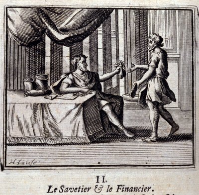 Savetier والباحث. أساطير جان دي لافونتين (1621-95). رسم توضيحي لفرانسوا تشوفو (1613-1676). طبعة 1728. بواسطة فرانسوا شوفو