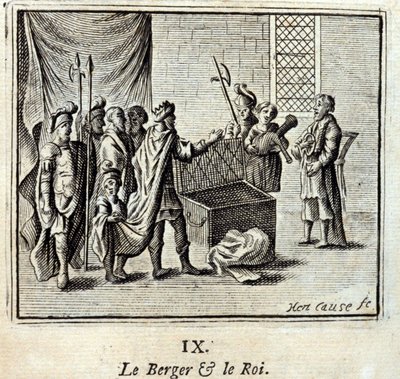 الراعي والملك. أساطير جان دي لافونتين (1621-95). رسم توضيحي لفرانسوا تشوفو (1613-1676). طبعة 1728. بواسطة فرانسوا شوفو