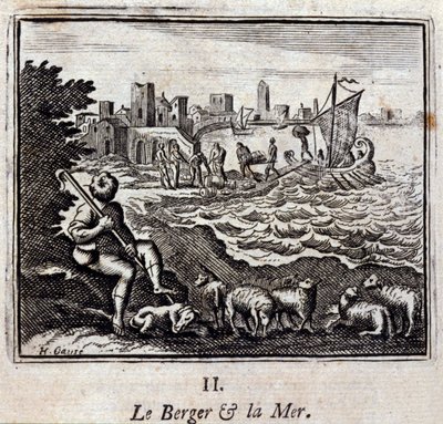 الراعي والبحر. أساطير جان دي لافونتين (1621-95). رسم توضيحي لفرانسوا تشوفو (1613-1676). طبعة 1728. بواسطة فرانسوا شوفو