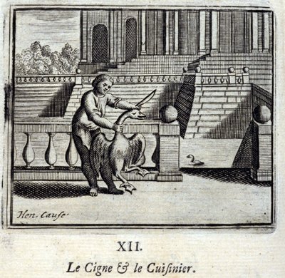 البجعة والطباخ. أساطير جان دي لافونتين (1621-95). رسم توضيحي لفرانسوا تشوفو (1613-1676). طبعة 1728. بواسطة فرانسوا شوفو