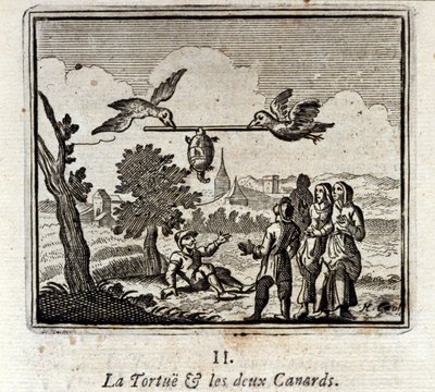 السلحفاة والبطان. أساطير جان دي لافونتين (1621-95). رسم توضيحي لفرانسوا تشوفو (1613-1676). طبعة 1728. بواسطة فرانسوا شوفو