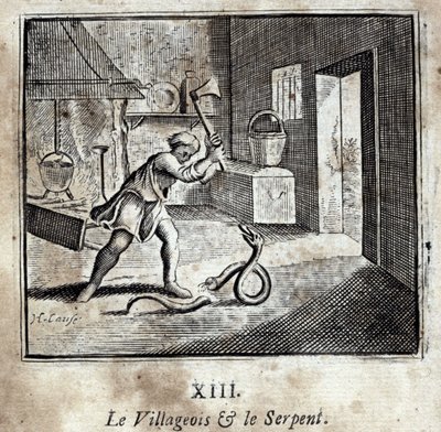 القروي والثعبان. أساطير جان دي لافونتين (1621-95). رسم توضيحي لفرانسوا تشوفو (1613-1676). طبعة 1728. بواسطة فرانسوا شوفو