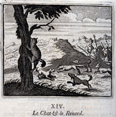 القط والثعلب. أساطير جان دي لافونتين (1621-95). رسم توضيحي لفرانسوا تشوفو (1613-1676). طبعة 1728. بواسطة فرانسوا شوفو