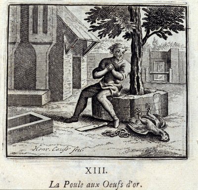 الدجاج بالبيض الذهبي. أساطير جان دي لافونتين (1621-95). رسم توضيحي لفرانسوا تشوفو (1613-1676). طبعة 1728. بواسطة فرانسوا شوفو