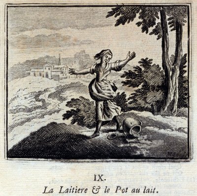 الألبان وجرة الحليب. أساطير جان دي لافونتين (1621-95). رسم توضيحي لفرانسوا تشوفو (1613-1676). طبعة 1728. بواسطة فرانسوا شوفو