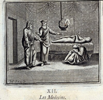 الأطباء. أساطير جان دي لافونتين (1621-95). رسم توضيحي لفرانسوا تشوفو (1613-1676). طبعة 1728. بواسطة فرانسوا شوفو