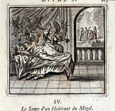 حلم أحد سكان موغول. أساطير جان دي لافونتين (1621-95). رسم توضيحي لفرانسوا تشوفو (1613-1676). طبعة 1728. بواسطة فرانسوا شوفو