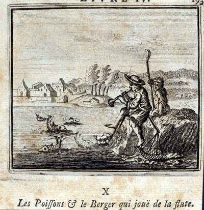 السمكة والراعي يعزفان على الفلوت. أساطير جان دي لافونتين (1621-95). رسم توضيحي لفرانسوا تشوفو (1613-1676). طبعة 1728. بواسطة فرانسوا شوفو