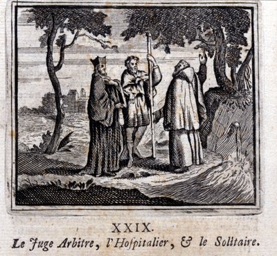 الحكم يحكم فرسان الإسبتارية والسوليتير. أساطير جان دي لافونتين (1621-95). رسم توضيحي لفرانسوا تشوفو (1613-1676). طبعة 1728. بواسطة فرانسوا شوفو