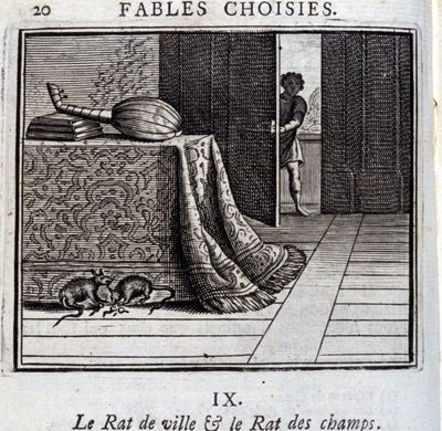 فأر المدينة وجرذ الحقل. أساطير جان دي لافونتين (1621-95). رسم توضيحي لفرانسوا تشوفو (1613-1676). طبعة 1728. بواسطة فرانسوا شوفو