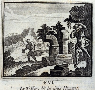 الخازن والرجلين. أساطير جان دي لافونتين (1621-95). رسم توضيحي لفرانسوا تشوفو (1613-1676). طبعة 1728. بواسطة فرانسوا شوفو