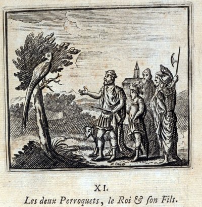 الببغاوات الملك وابنه. أساطير جان دي لافونتين (1621-95). رسم توضيحي لفرانسوا تشوفو (1613-1676). طبعة 1728. بواسطة فرانسوا شوفو