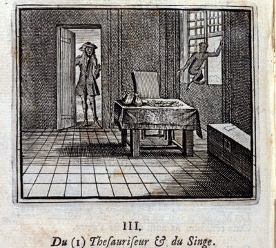قاموس المرادفات والقرد. أساطير جان دي لافونتين (1621-95). رسم توضيحي لفرانسوا تشوفو (1613-1676). طبعة 1728. بواسطة فرانسوا شوفو