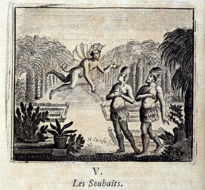 التمنيات. أساطير جان دي لافونتين (1621-95). رسم توضيحي لفرانسوا تشوفو (1613-1676). طبعة 1728. بواسطة فرانسوا شوفو