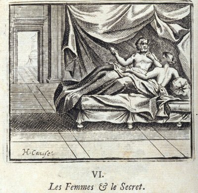 المرأة والسر. أساطير جان دي لافونتين (1621-95). رسم توضيحي لفرانسوا تشوفو (1613-1676). طبعة 1728. بواسطة فرانسوا شوفو