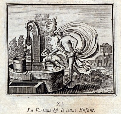 الثروة والطفل الصغير. أساطير جان دي لافونتين (1621-95). رسم توضيحي لفرانسوا تشوفو (1613-1676). طبعة 1728. بواسطة فرانسوا شوفو