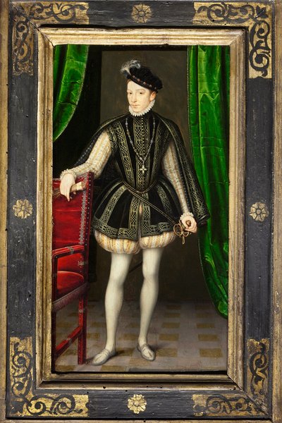 صورة لتشارلز التاسع (1550-1574) ، الابن الثاني لهنري الثاني وكاثرين دي ميديسي ، ملك فرنسا عند وفاة شقيقه في فرانسوا الثاني (1544-1560) ، تزوج عام 1570 إليزابيث النمسا (1554-1592) ، تميز عهده بحروب الدين و ال بواسطة فرانسوا كلويت