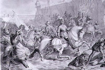 أخذ كاليه من قبل فرانسيس ، دوق Guise الثاني (1519-63) في 1558 ، نقش بواسطة أميدي فيليكس بارتيليمي جيلي (1802-43) (نقش) بواسطة فرانسوا إدوارد (بعد) بيكو