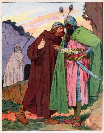 يروي غانيلون كلمات الإمبراطور شارلمان (742-814) للعدو (سونغ دي رولان) (مسألة فرنسا) - رسم لفرانسوا زير (1856-1924) مأخوذ من "Nos-Gloriers-Nationales" حوالي عام 1920 بواسطة فرانسوا إدوارد زير