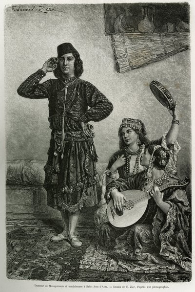 راقص وموسيقي بلاد ما بين النهرين ، في سان جان داكري. نقش لإي زير ، لتوضيح قصة La Syria d'aujourd'hui ، بواسطة M. Lortet ، عميد كلية الطب في ليون ، المكلف بمهمة علمية من قبل وزارة التعليم العام ، public بواسطة فرانسوا إدوارد زير