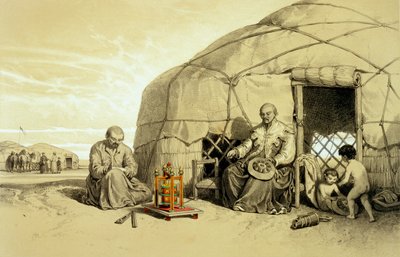 كالموكس مع عجلة الصلاة ، سيبيريا ، رسم توضيحي من `` سهوب بحر قزوين والقوقاز وشبه جزيرة القرم وجنوب روسيا '' بقلم Xavier Hommaire de Hell ، حوالي 1838-42 (حجر ملون) بواسطة فرانسوا فورتشن أنطوان (بعد) فيروجيو