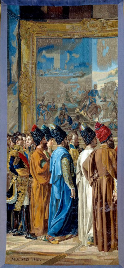استقبل نابليون الأول (1769-1821) في قلعة فنكنشتاين في بولندا ، سفير شاه بلاد فارس جورج أوتري ، نائب القنصل الفرنسي في بغداد ، محمد ميرزا رضا. نسيج مصنوع بواسطة ورشة Gobelins بواسطة Francois Henri Mulard بواسطة فرانسوا هنري مولارد