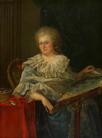 صورة من Viscountess Torrington جالسة عند تطريزها ، 1747-175 (زيت على لوح) بواسطة فرانسوا هوبير (من أتباع) درويس