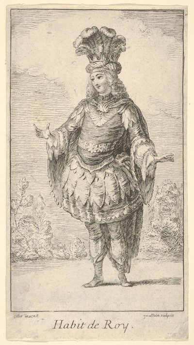 Habit de Roy: رجل يرتدي قميصًا مزخرفًا بالزهور وتاجًا وعمامة مع ... ، كاليفورنيا. 1721. بواسطة فرانسوا جولين