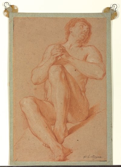 أكاديمي عارٍ جالس ويداه متشابكتان، حوالي 1723-24 (طباشير أحمر وأبيض على ورق بني فاتح) بواسطة فرانسوا ليموين