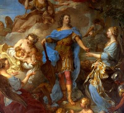 تفاصيل "" الملك لويس الخامس عشر (1710-1774) وهو يعطي السلام لأوروبا "" رمزية في وقت معاهدة إشبيلية ، الإلهة مينيرفا ممثلة. لوحة فرانسوا لو موين (1688-1737) 1729 صن. 3،82x2،95 م - تفاصيل الملك لويس الخامس عشر (1710-1774) برين بواسطة فرانسوا ليموين