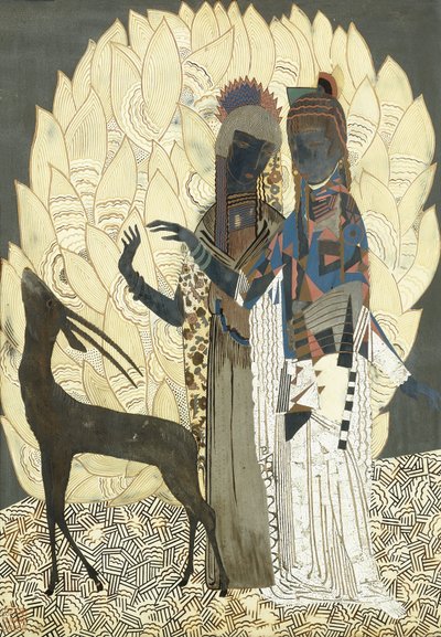 امرأتان منمنمة مع ظباء بين أوراق الشجر ، حوالي عام 1928 (لوح خشبي مطلي باللك و Coquille d&39;oeuf) بواسطة فرانسوا لويس (بعد) حداد