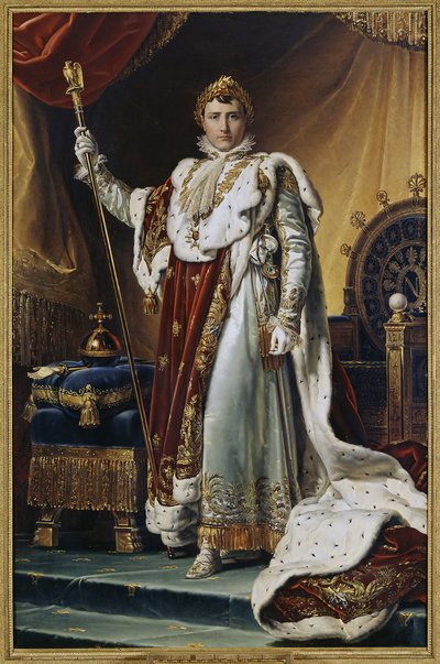 صورة للإمبراطور نابليون الأول بونابرت (1769-1821) في زي التتويج. (صورة للإمبراطور نابليون الأول بونابرت في رداء التتويج). لوحة لفرانسوا باسكال سيمون ، البارون جيرارد (1770-1837) ، زيت على قماش ، حوالي 1804. الفن الفرنسي بواسطة البارون فرانسوا باسكال سيمون جيرار