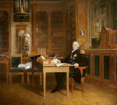 توجد صورة لويس الثامن عشر (1755-1824) في مكتبه في التويلري ، وهو يتأمل في لوحة الميثاق التي رسمها فرانسوا جيرارد (1770-1837) بعد ماريني. القرن ال 19. خافت. 2،7x3،1 م. - صورة لويس الثامن عشر (1755-1824) وهو يتأمل في الميثاق جالسًا في بواسطة البارون فرانسوا باسكال سيمون جيرار