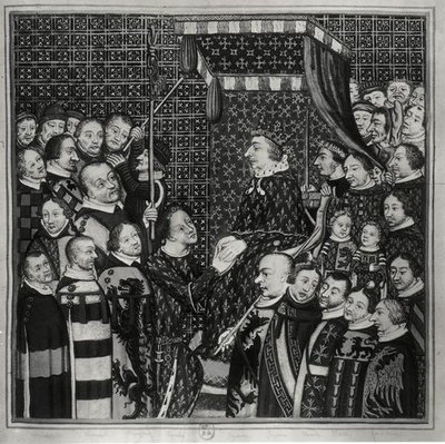 لويس الثاني (1337-1410) كونت كليمنت ، تكريمًا لتشارلز الخامس (1338-80) نسخة مصغرة من القرن الرابع عشر (ألوان مائية على ورق) (صورة بالأبيض والأسود) بواسطة فرانسوا روجر دي جينييريس