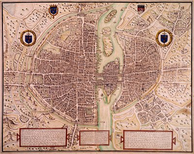 خريطة لمدينة باريس في 1540-1555 تقول عن النسيج. نقش لفرانسوا روجر دي جينيريس (1642-1715). باريس ، بن بواسطة فرانسوا روجر دي جينييريس
