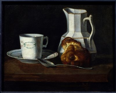 لا تزال الحياة قدح بريوش ، إبريق الحليب والبريوش. لوحة لفرانسواز بورين (1817-1887) رون من القرن التاسع عشر ، متحف جوزيف ديشيليت. - ستيل لايف ، كوب كيك ، إبريق حليب وبريوش. لوحة فرانسواز بورين (1817-1887) بواسطة فرانسواز بورين