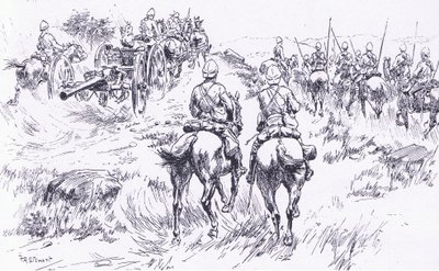 سلاح الفرسان والمدفعية يتقدمون في برجندال ، التوضيح من بعد بريتوريا: حرب العصابات ، 1902 بواسطة فرانك الجنون ستيوارت