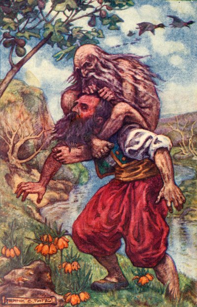 قام الرجل العجوز بإلقاء رجليه برشاقة على رقبتي ، وفي نفس الوقت كان يضغط على رقبتي ، c1930. بواسطة فرانك سي باب