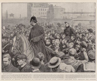 عودة أبطال Colenso إلى بورتسموث ، حمل Bugler Dunn أعلى الكتف عبر الشوارع بواسطة Frank Dadd