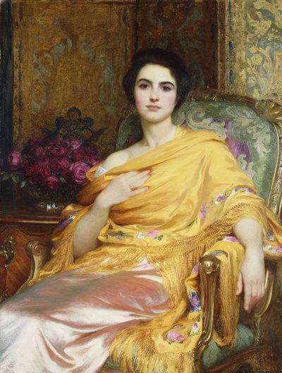 صورة إلسا ، ابنة ويليام هول ، بطول ثلاثة أرباع ، جالسة مرتدية فستانًا ورديًا ولفائف صفراء ، 1927 بواسطة فرانك ديكسي