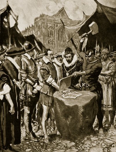 ستوبس مقطوعة يده ، 1521 ، توضيح من "قصة هتشنسون للأمة البريطانية" ، c.1923 بواسطة فرانك جيليت
