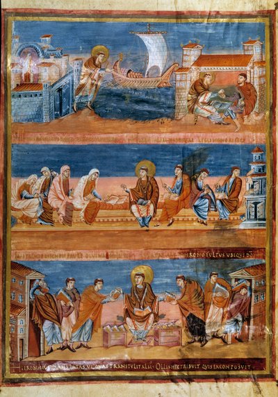 القديس جيروم يغادر روما ويدفع رواتب معلمه في القدس (في الأعلى) ويعمل مع كتبةه (في الوسط) ويوزع الفولغات (أسفل). صورة مصغرة في "" الكتاب المقدس الأول لتشارلز الأصلع ، المعروف أيضًا باسم إنجيل فيفيان "" (الورقة 3v) ، 845-846. BN ، باري بواسطة مدرسة الفرنجة