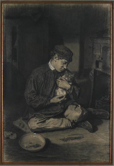 صبي جالس يحمل قطة (مستقيمة) ؛ دراسة القطط وصفيحة الحليب (بالعكس) ، ج. 1874-80 (طباشير أسود مرتفع مع طباشير أبيض على ورق أبيض غير لامع) بواسطة فرانسوا بونفين