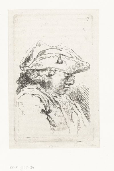 رأس رجل مع نظارات و tricorne مجموعة من القطع الصغيرة والعناوين الرئيسية (عنوان المسلسل) بواسطة فرانسوا تشيرو (الثاني)