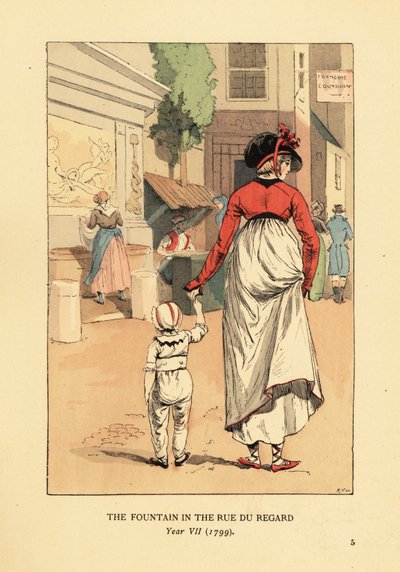 امرأة وطفل أمام نافورة Leda ، Fontaine de Leda ، في شارع Rue du Regard ، باريس ، السنة السابعة بواسطة فرانسوا كوربوين