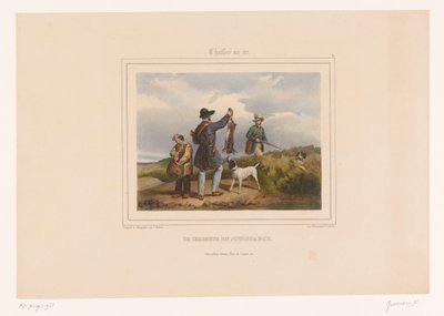 يُظهر الصياد صيادًا آخر أرنبه بالرصاص Le chasseur en jouissance (العنوان على الكائن) الصيادون بالبنادق (عنوان المسلسل) Chasses au Tir (عنوان المسلسل على الكائن) بواسطة هنري جنين