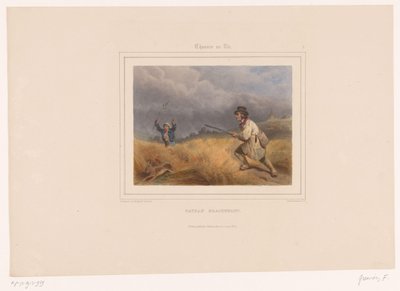اثنان من الصيادين يطاردون أرنبًا بايسان براكونانت (العنوان على الكائن) الصيادون بالبنادق (عنوان المسلسل) Chasses au Tir (عنوان المسلسل على الكائن) بواسطة هنري جنين