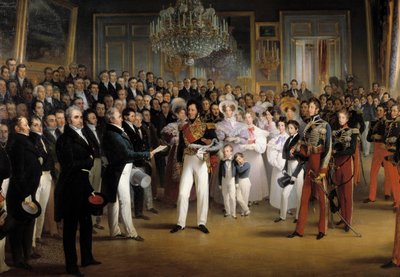 ثورة 1830: "" غرفة المندوبين تقدم لدوق أورليانز ، لويس فيليب الأول (1773-1850) ، الفعل الذي دعاه إلى العرش وميثاق 1830 ، في القصر الملكي ، في 7/08 / 1830 "" التفاصيل. لوحة فرانسوا جوزيف هايم (1787-18 بواسطة فرانسوا جوزيف هايم